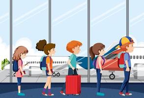 Airport terminal scene with passengers standing in line vector