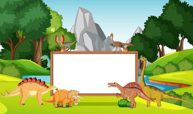 Scene with dinosaurs and whiteboard in the forest