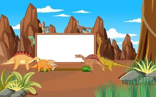 escena con dinosaurios y pizarra en el bosque vector