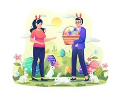 Man giving a basket full of decorated easter eggs to woman in the garden with rabbits. A couple celebrates easter day. Flat style vector illustration