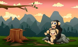 A chimpanzee with her cub in a bare forest vector