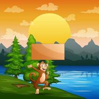 A monkey holding wooden board on the riverside vector
