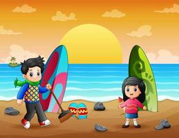 Cartoon children cleaning trash on seaside vector