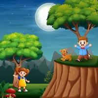 Happy kids playing at nature background vector