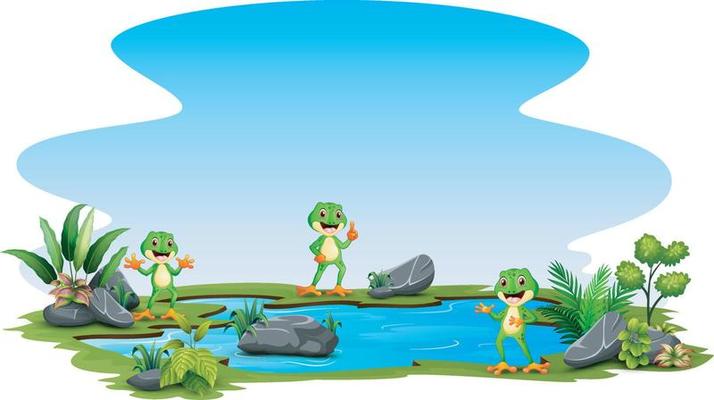 Cartoon three a frog standing around the small pond