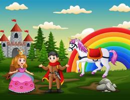 princesa de dibujos animados y príncipe frente al castillo vector
