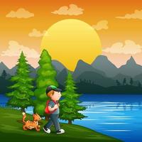 un niño y su mascota en la orilla del río vector
