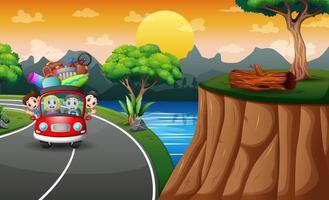 Happy family traveling with red car vector