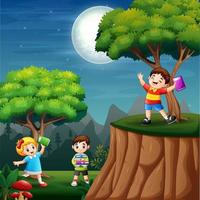 Happy kids learning at night vector