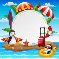fondo de vacaciones de verano con pingüinos en la isla vector