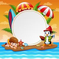 Summer holidays with boy and penguin on island vector