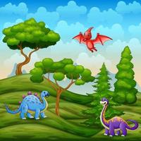 Dinosaurs living in the green landscape vector