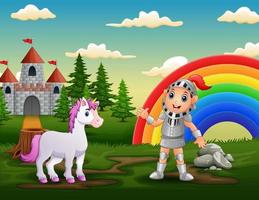 A knight with unicorn in castle yard vector