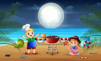 barbacoa por la noche con niños pequeños vector