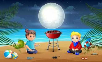 barbacoa por la noche en la ilustración de la playa vector