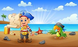 Cartoon pirate kid and parrot looking for a map vector