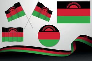 conjunto de banderas de malawi en diferentes diseños, icono, banderas desolladas con cinta con fondo. vector libre