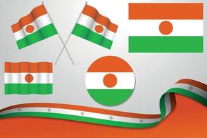 Set Of Niger Flags In Different Designs, Icon, Flaying Flags With ribbon With Background. Free Vector