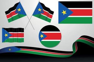 Set Of South Sudan Flags In Different Designs, Icon, Flaying Flags With ribbon With Background. Free Vector