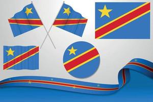 Set Of Democratic Republic of the Congo Flags In Different Designs, Icon, Flaying Flags With ribbon With Background. Free Vecto vector