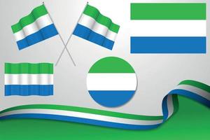 conjunto de banderas de sierra leona en diferentes diseños, icono, banderas desolladas con cinta con fondo. vector libre