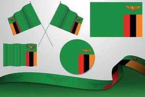 conjunto de banderas de zambia en diferentes diseños, icono, banderas desolladas con cinta con fondo. vector libre