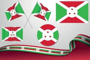 conjunto de banderas de burundi en diferentes diseños, icono, banderas desolladas con cinta con fondo. vector libre