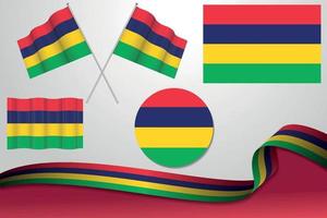 Set Of Mauritius Flags In Different Designs, Icon, Flaying Flags With ribbon With Background. Free Vector