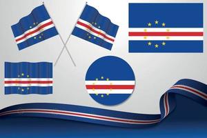 Set Of Cape Verde Flags In Different Designs, Icon, Flaying Flags With ribbon With Background. Free Vector