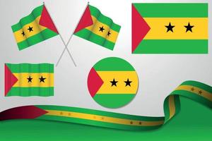 Set Of Sao Tome and Principe Flags In Different Designs, Icon, Flaying Flags With ribbon With Background. Free Vector