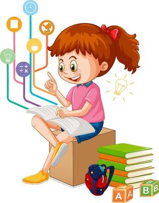 A girl reading books on white background