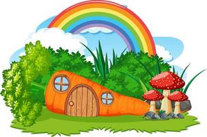 Fantasy carrot house with rainbow in the sky vector