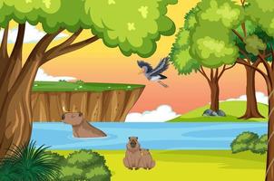 Scene with wombats and bird by the lake vector