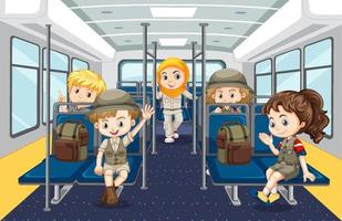 Scene with many people using public transportation vector