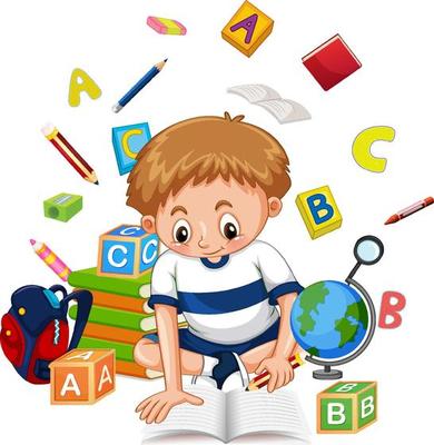 A boy read books on white background