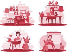 Working from home scenes in red vector