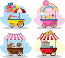 Set of different food carts in cartoon style vector