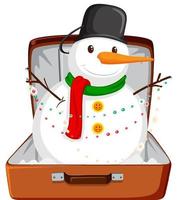 tema navideño con muñeco de nieve en un equipaje sobre fondo blanco vector