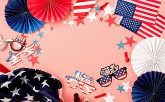 USA independence day party elements top view flat lay on pink photo