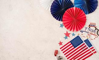 USA independence day party elements top view flat lay on marble background photo