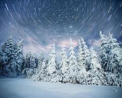 starry sky in winter snowy night. fantastic milky way in the New Year's Eve. In anticipation of the holiday. Dramatic scene. Carpathian. Ukraine photo