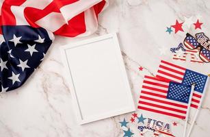 USA independence day party elements top view flat lay on marble background photo