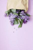 Lilac flowers spill out of a craft bag on a pink flat lay background. Spring flower layout top view photo