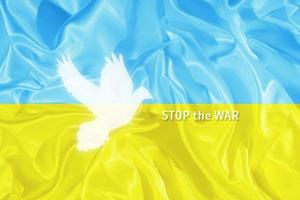 detener el texto de guerra en la bandera ucraniana azul y amarilla con la silueta de la paloma de la paz foto