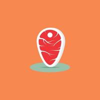 El logotipo de bistec en forma de pin de mapa hecho de carne en un estilo plano, se puede utilizar para logotipos, íconos e ilustraciones de comida, restaurantes y negocios. vector