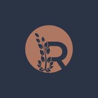 Initial Letter R Linked Monogram Golden Laurel Wreath with Circle Logo. Graceful Design for Restaurant, Cafe, Brand name, Badge, Label, luxury identity vector