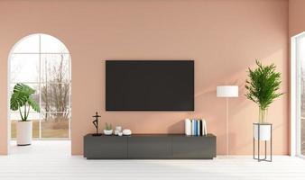 Minimalist living room with TV cabinet and light orange wall, white wood floor. 3d rendering