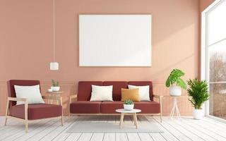 sala de estar minimalista con sofá y sillón, pared de color naranja claro y suelo de madera blanca. representación 3d foto