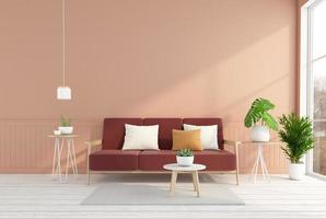 sala de estar minimalista con sofá y mesa auxiliar, pared de color naranja claro, suelo de madera blanca. representación 3d foto