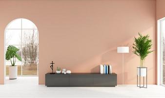 sala de estar minimalista con mueble de televisión y pared de color naranja claro, suelo de madera blanca. representación 3d foto